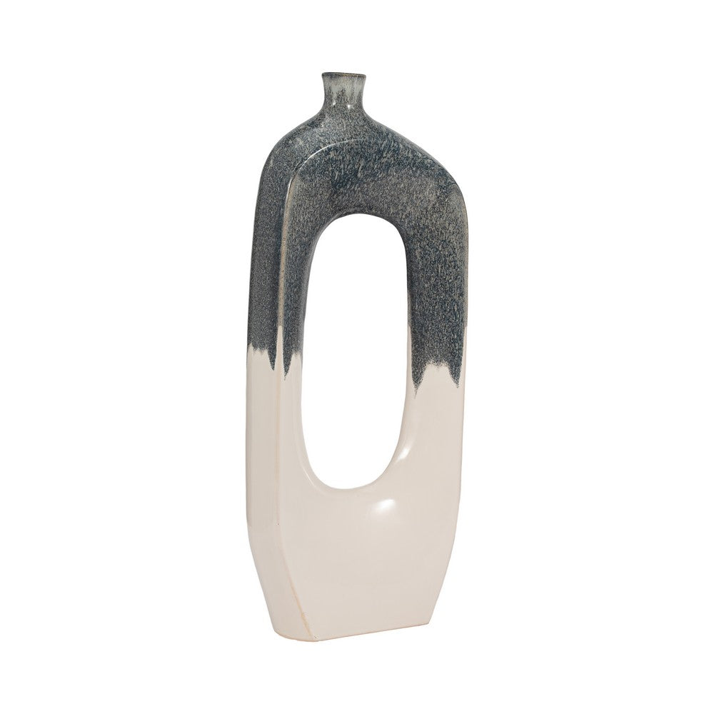 26" Curvy Modern Flower Vase w Open Center | Blue & White Ceramic