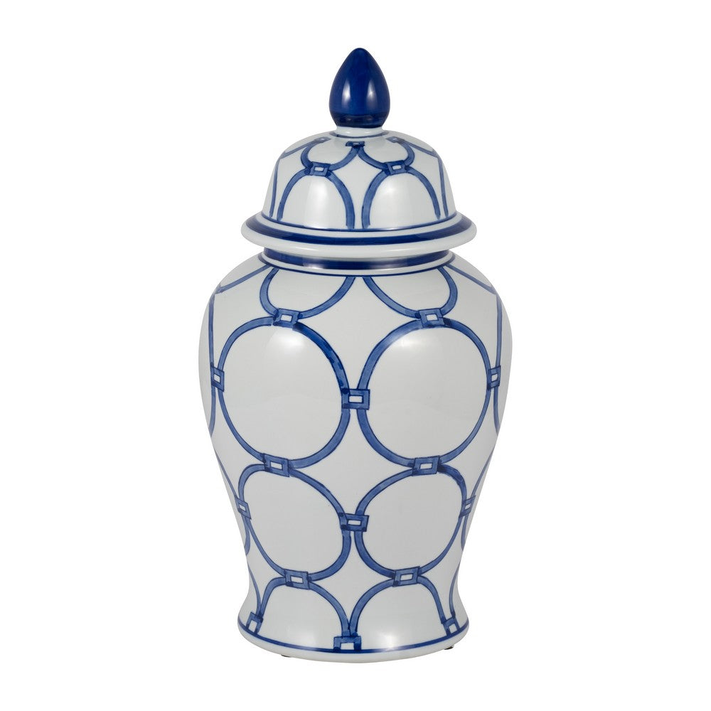 Temple Jar w Lid | Luxury Blue Chain Link Pattern | 18" White Ceramic