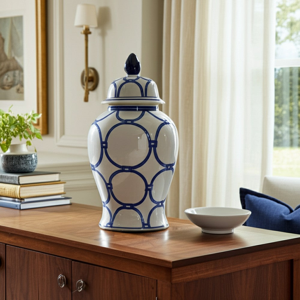 Temple Jar w Lid | Luxury Blue Chain Link Pattern | 18" White Ceramic