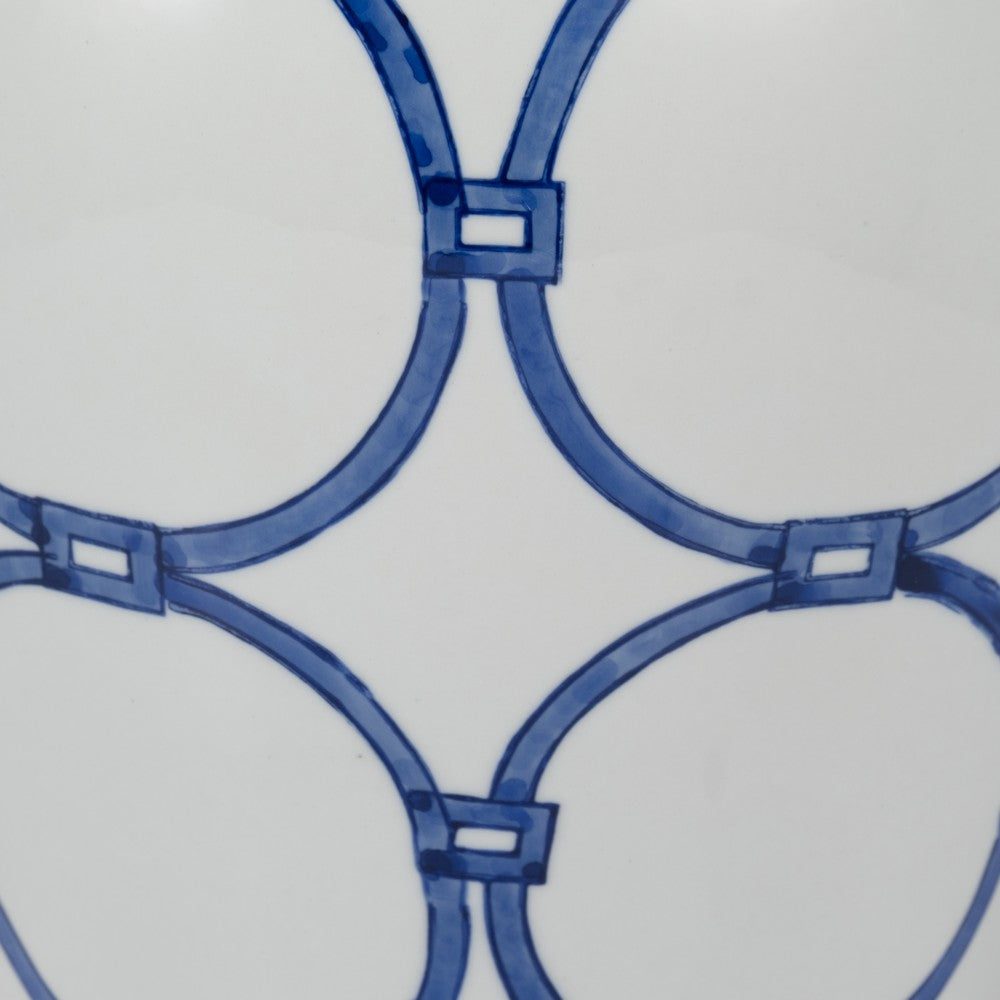 Temple Jar w Lid | Luxury Blue Chain Link Pattern | 18" White Ceramic