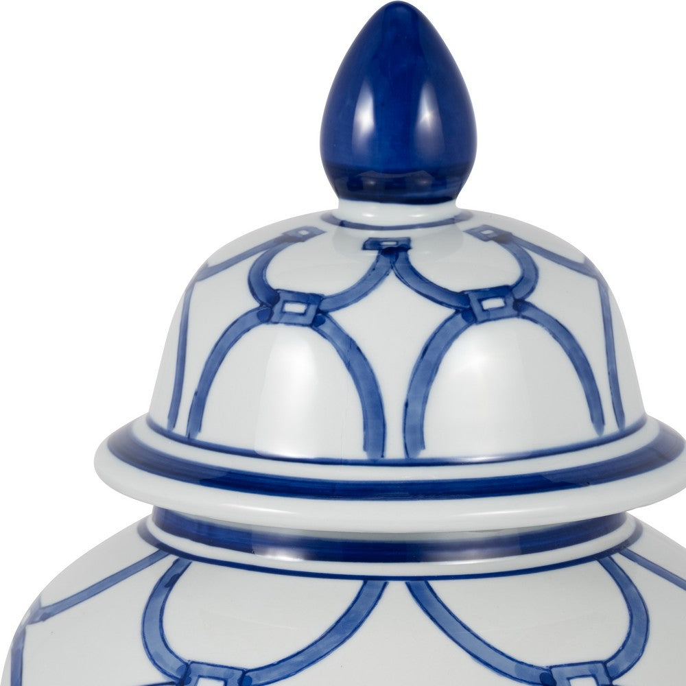 Temple Jar w Lid | Luxury Blue Chain Link Pattern | 18" White Ceramic
