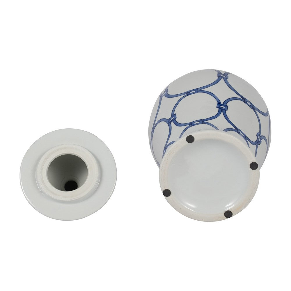Temple Jar w Lid | Luxury Blue Chain Link Pattern | 18" White Ceramic