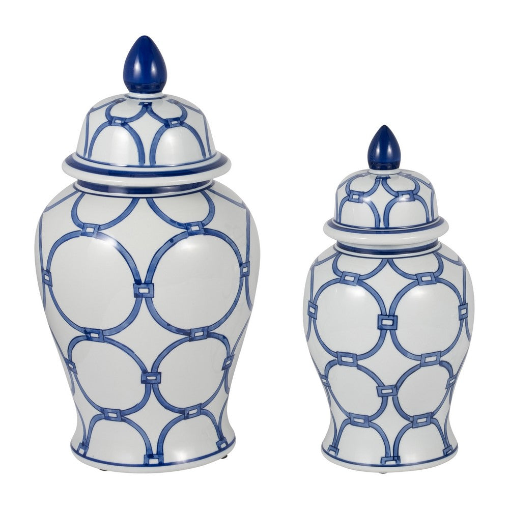Temple Jar w Lid | Luxury Blue Chain Link Pattern | 18" White Ceramic