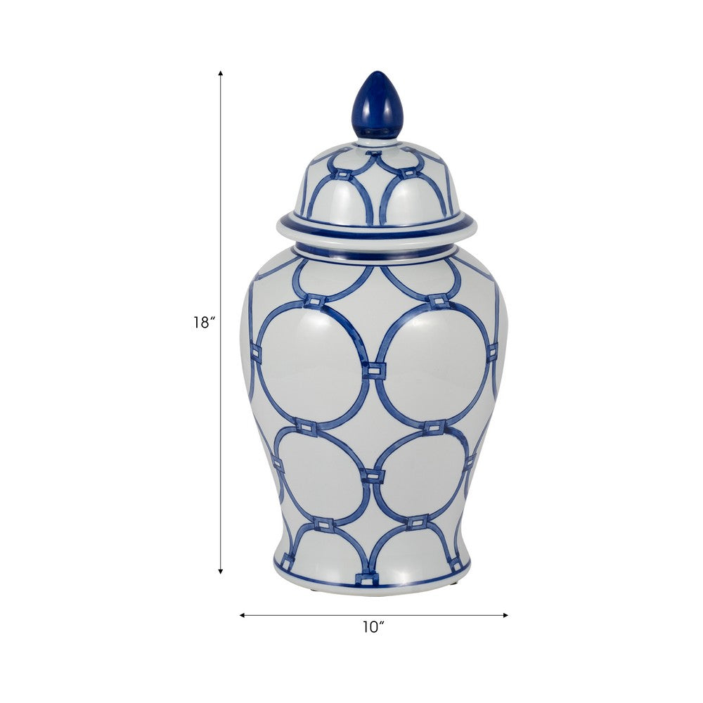 Temple Jar w Lid | Luxury Blue Chain Link Pattern | 18" White Ceramic