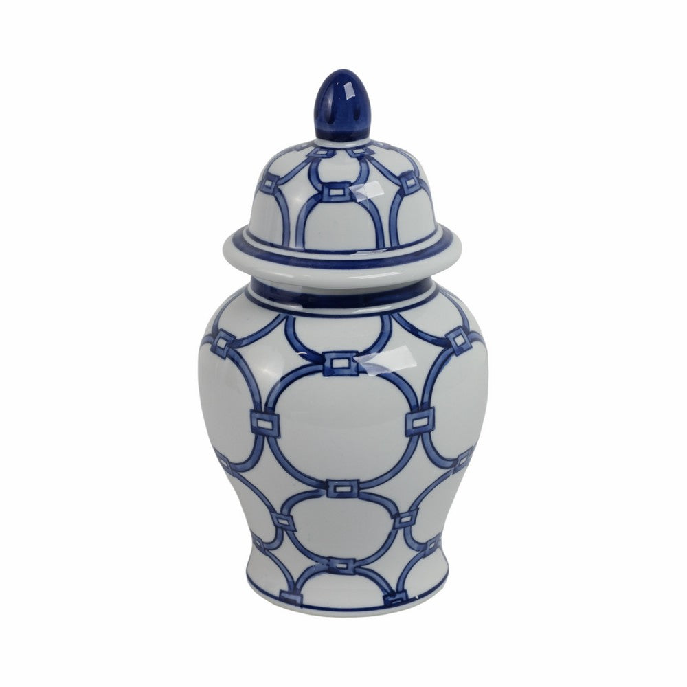 Novie Temple Jar with Lid | Link Patterns | Blue White Ceramic 10"