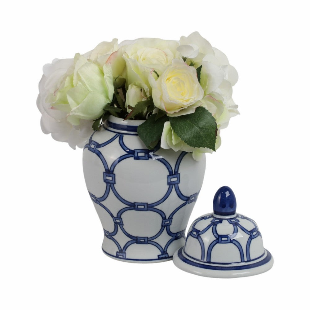 Novie Temple Jar with Lid | Link Patterns | Blue White Ceramic 10"