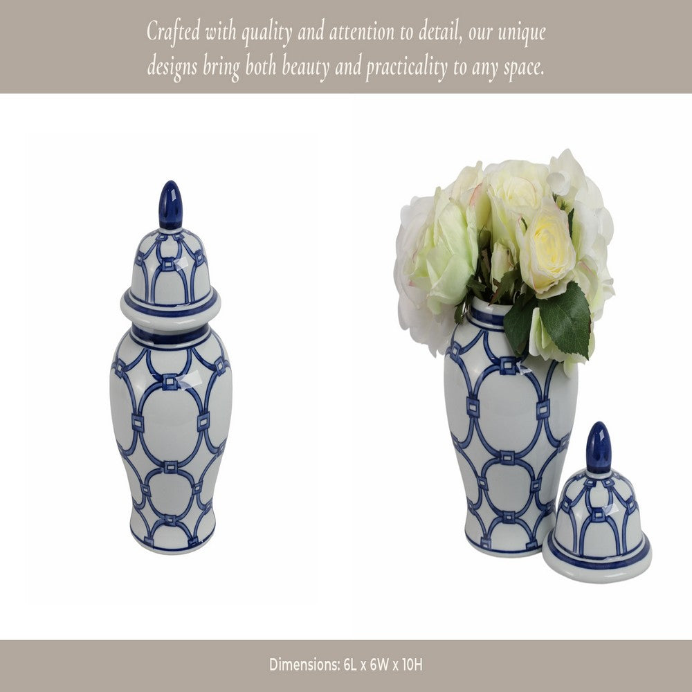 Novie Temple Jar with Lid | Link Patterns | Blue White Ceramic 10"