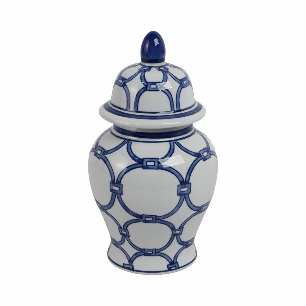Novie Temple Jar with Lid | Link Patterns | Blue White Ceramic 10"