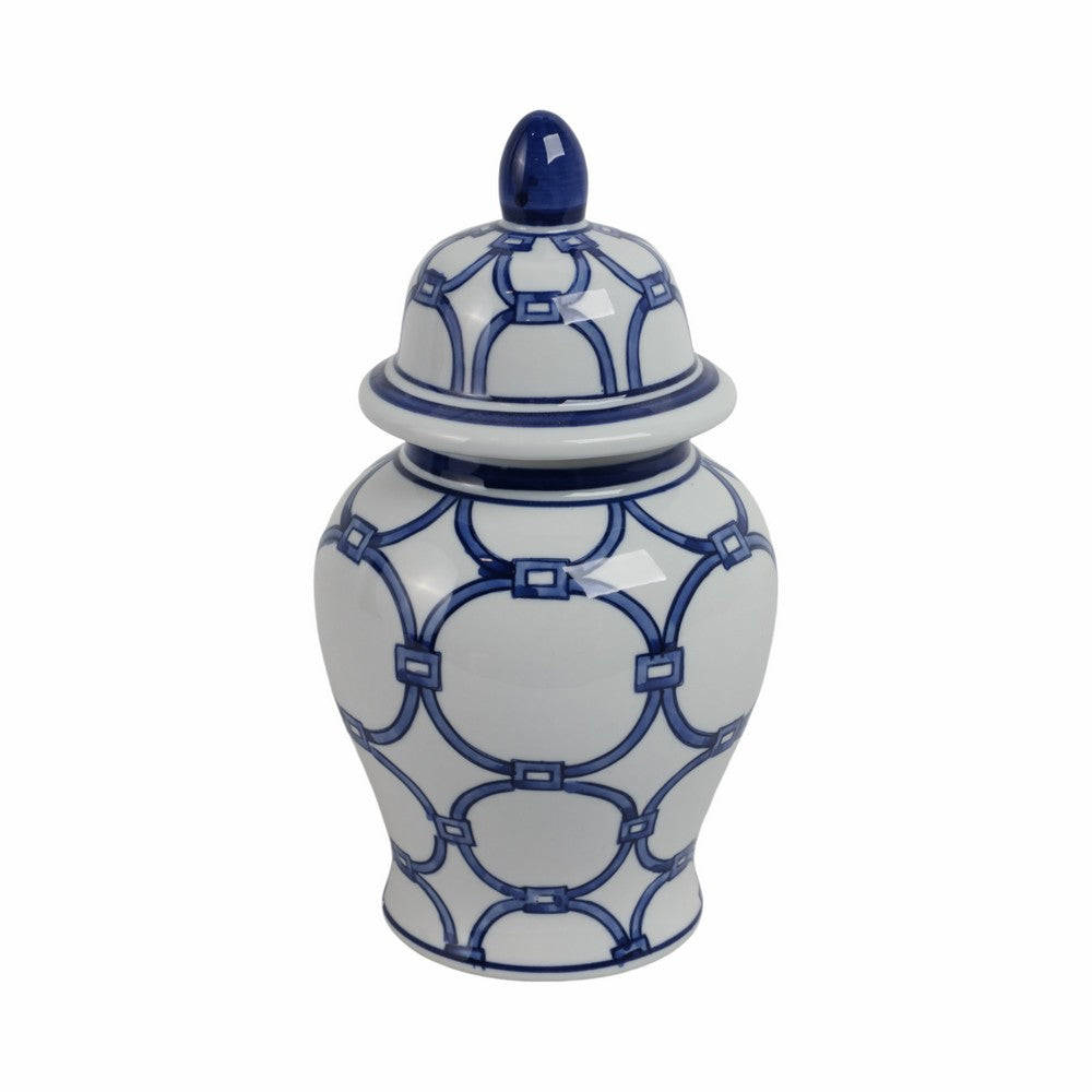 Novie Temple Jar with Lid | Link Patterns | Blue White Ceramic 10"