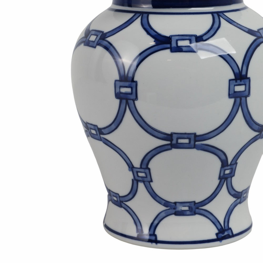 Novie Temple Jar with Lid | Link Patterns | Blue White Ceramic 10"