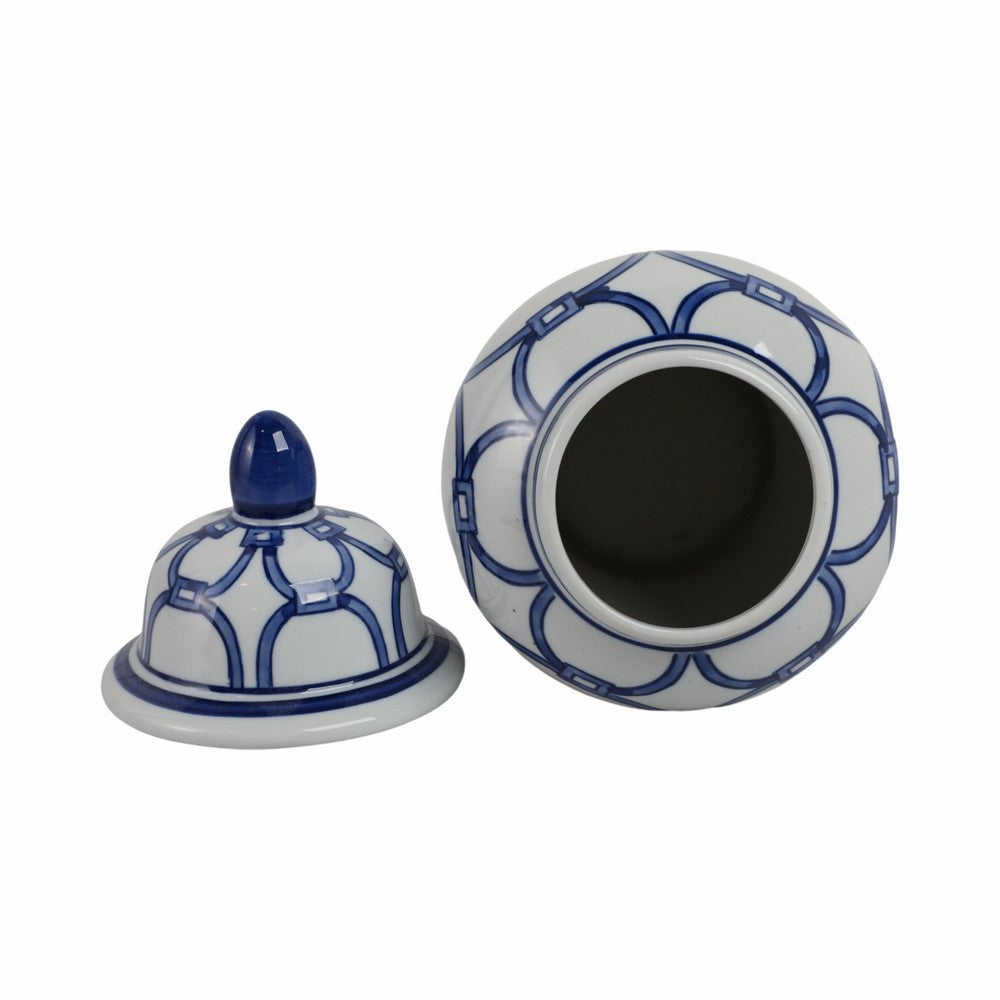 Novie Temple Jar with Lid | Link Patterns | Blue White Ceramic 10"