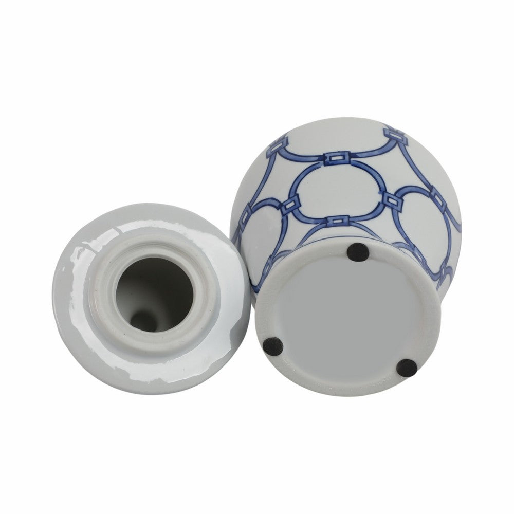 Novie Temple Jar with Lid | Link Patterns | Blue White Ceramic 10"