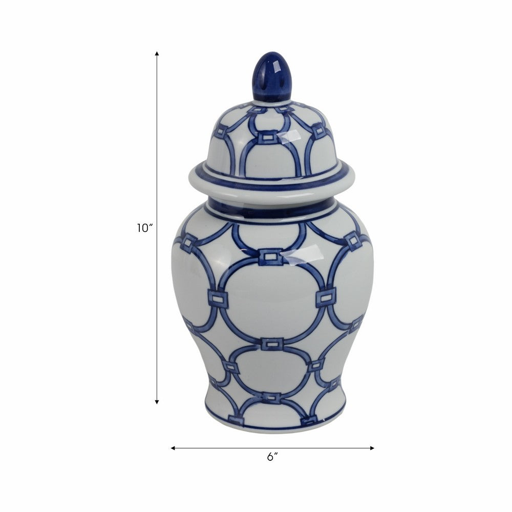 Novie Temple Jar with Lid | Link Patterns | Blue White Ceramic 10"