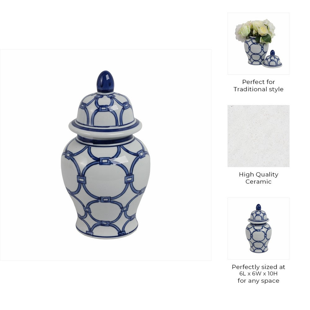 Novie Temple Jar with Lid | Link Patterns | Blue White Ceramic 10"