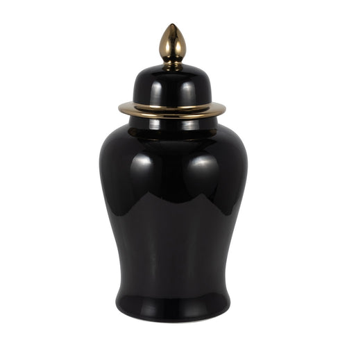 Decorative Temple Jar with Lid | Gold Accents | 24" Jet Black Ceramic