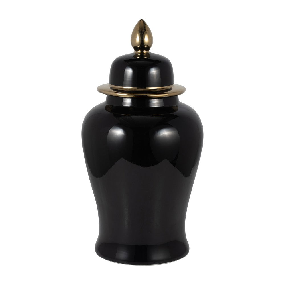Decorative Temple Jar with Lid | Gold Accents | 24" Jet Black Ceramic