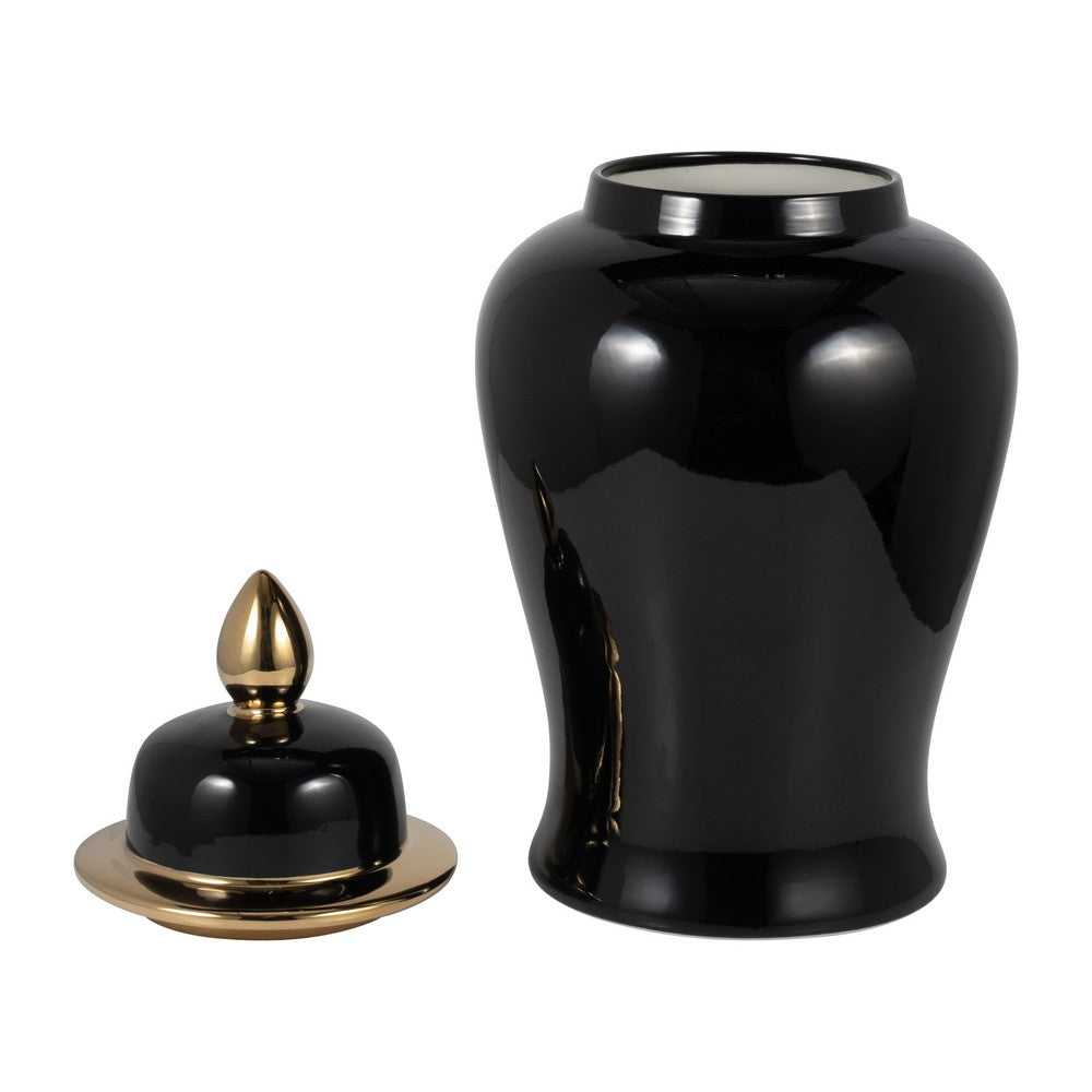 Decorative Temple Jar with Lid | Gold Accents | 24" Jet Black Ceramic