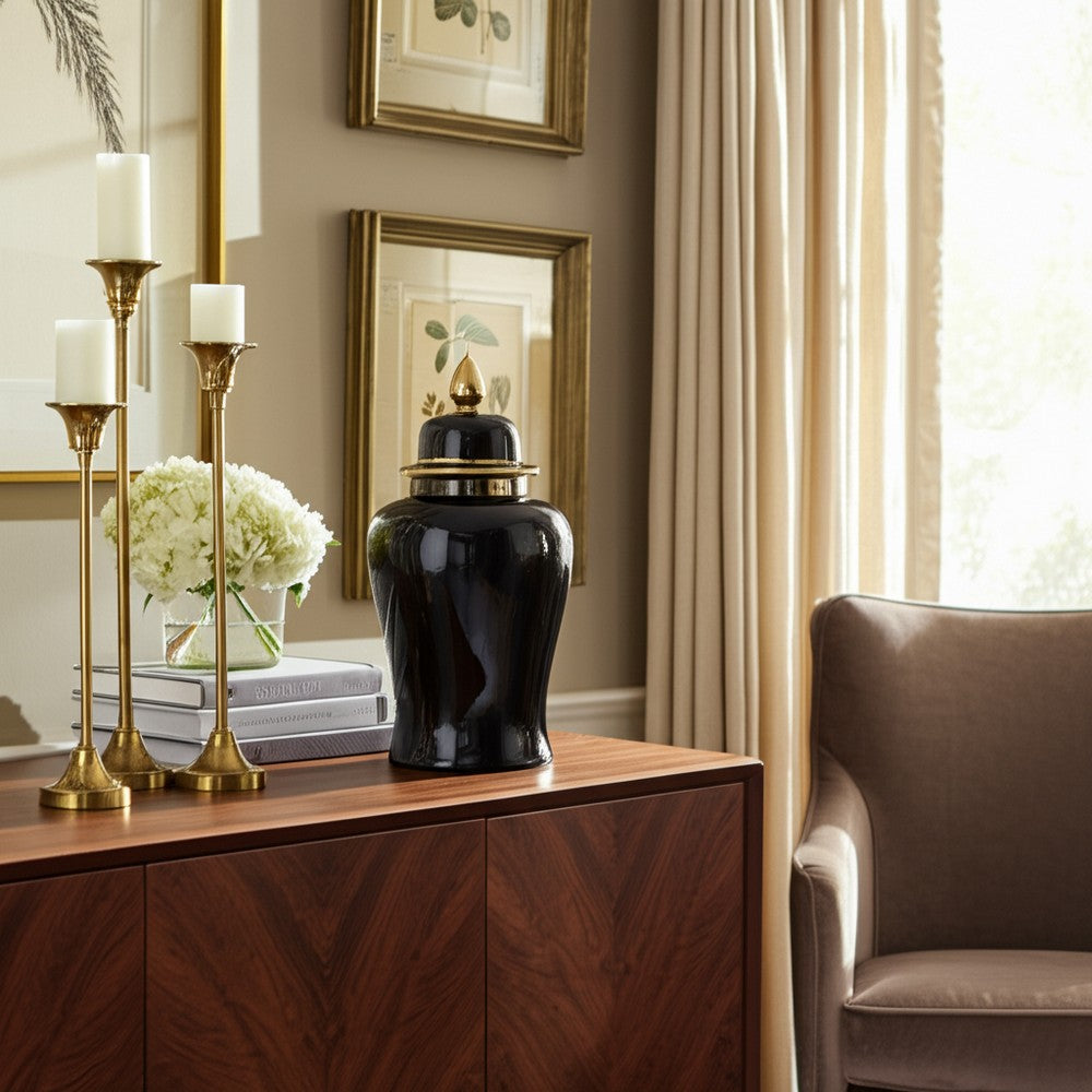 Decorative Temple Jar with Lid | Gold Accents | 24" Jet Black Ceramic