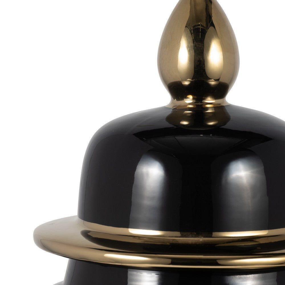 Decorative Temple Jar with Lid | Gold Accents | 24" Jet Black Ceramic