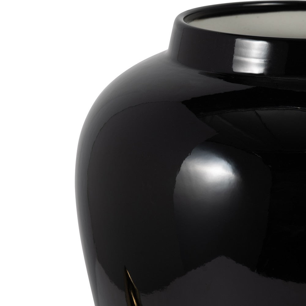 Decorative Temple Jar with Lid | Gold Accents | 24" Jet Black Ceramic