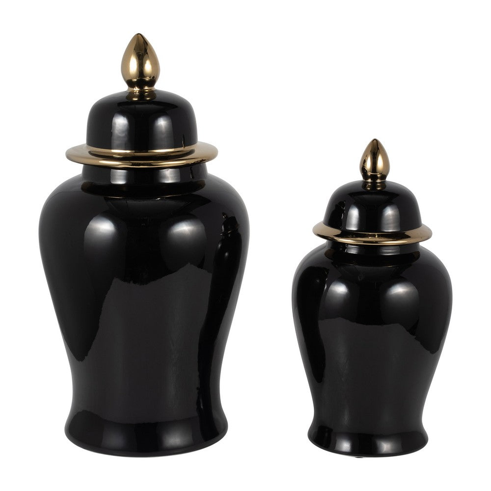Decorative Temple Jar with Lid | Gold Accents | 24" Jet Black Ceramic