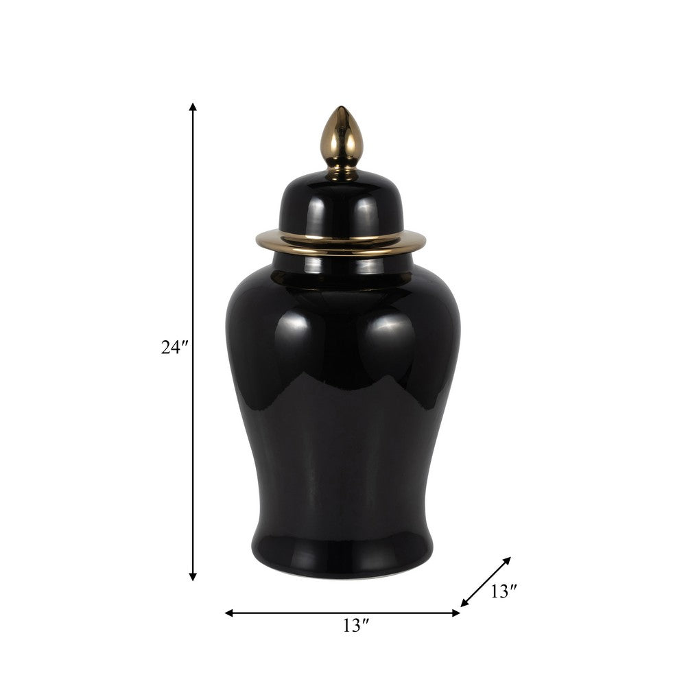 Decorative Temple Jar with Lid | Gold Accents | 24" Jet Black Ceramic