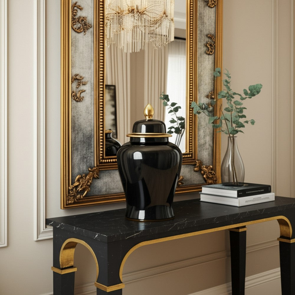 Decorative Temple Jar with Lid | Gold Accents | 24" Jet Black Ceramic