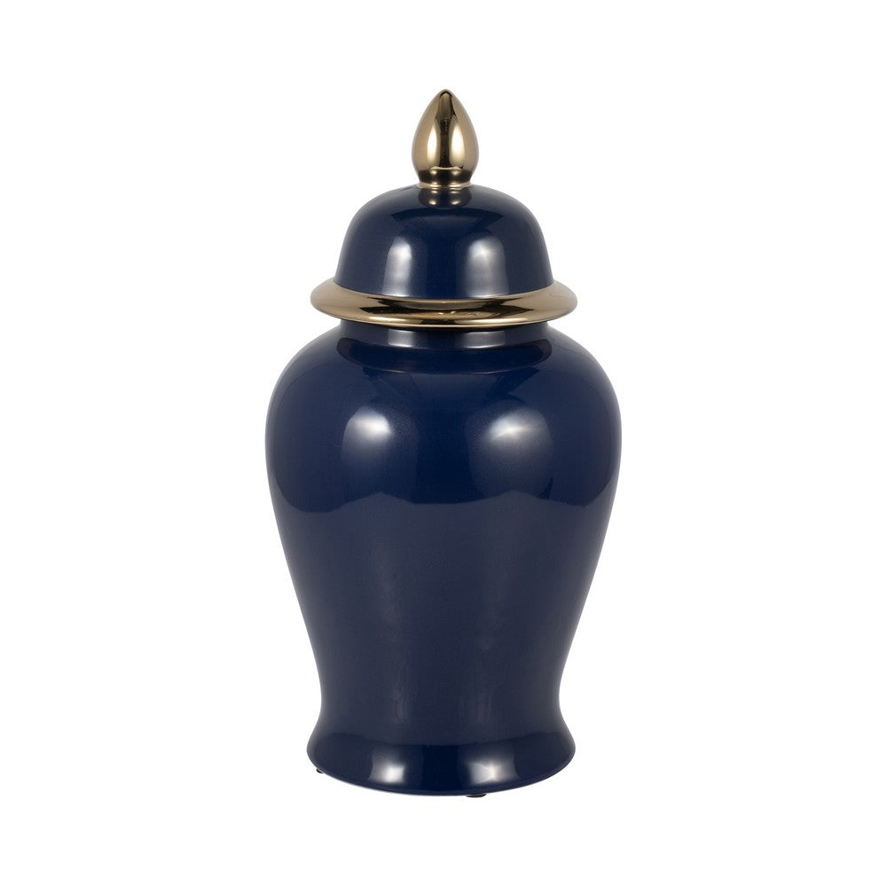 Iton Temple Jar with Finial Top Lid | Gold Detail Navy Blue Ceramic 18"
