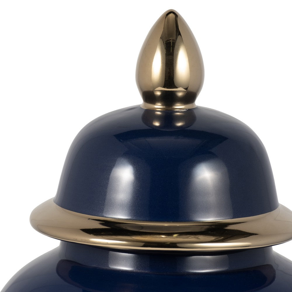 Iton Temple Jar with Finial Top Lid | Gold Detail Navy Blue Ceramic 18"