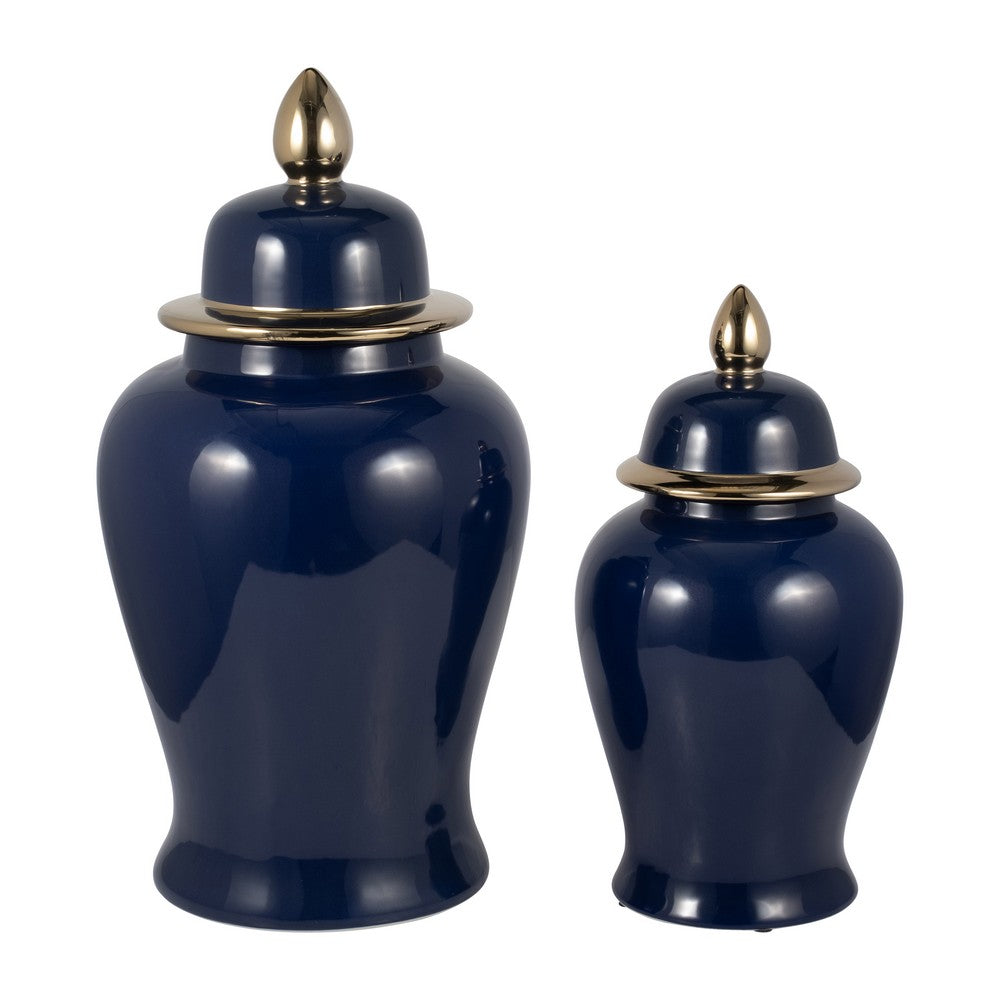 Iton Temple Jar with Finial Top Lid | Gold Detail Navy Blue Ceramic 18"