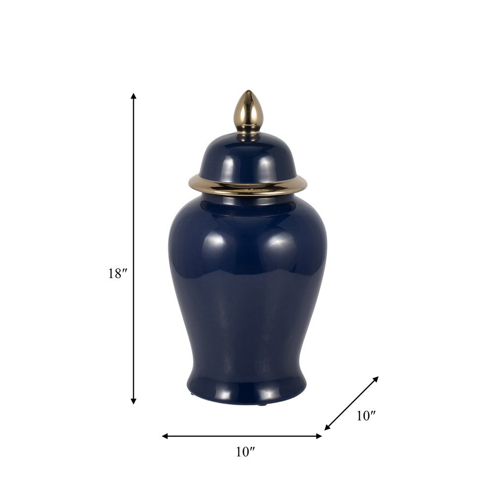 Iton Temple Jar with Finial Top Lid | Gold Detail Navy Blue Ceramic 18"