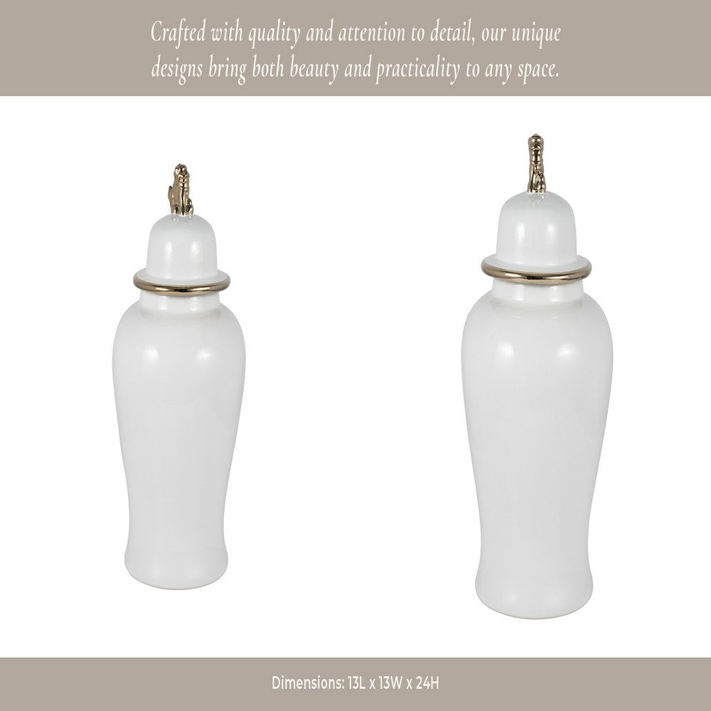 Classic Temple Jar | Gold Accent Lion Head Lid | 24" Glossy White Ceramic
