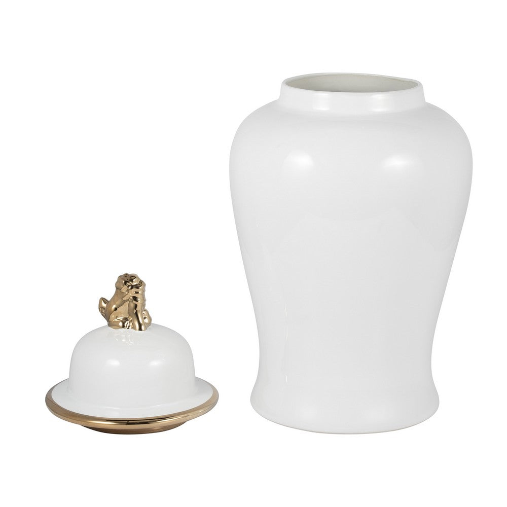 Classic Temple Jar | Gold Accent Lion Head Lid | 24" Glossy White Ceramic