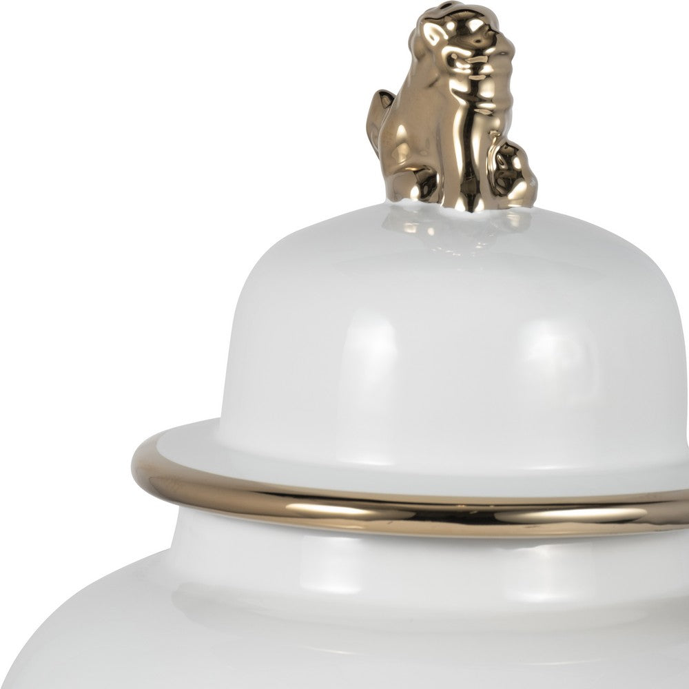 Classic Temple Jar | Gold Accent Lion Head Lid | 24" Glossy White Ceramic