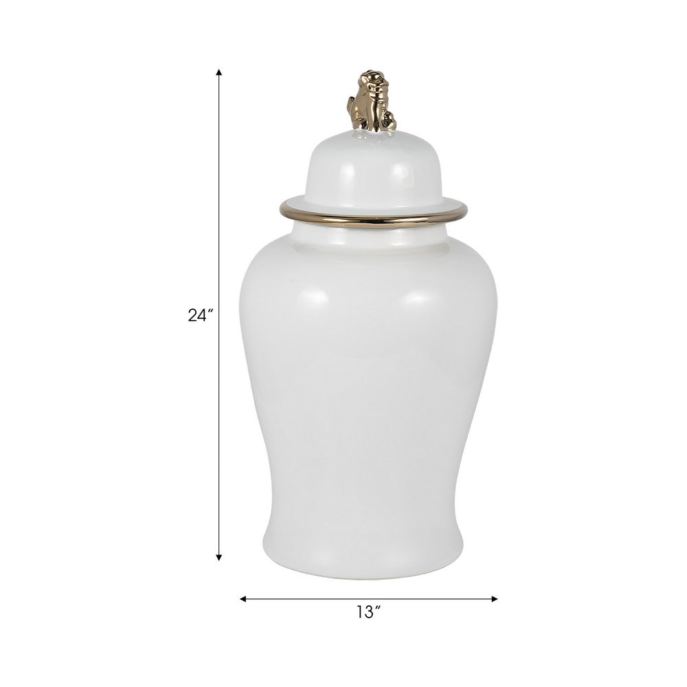 Classic Temple Jar | Gold Accent Lion Head Lid | 24" Glossy White Ceramic