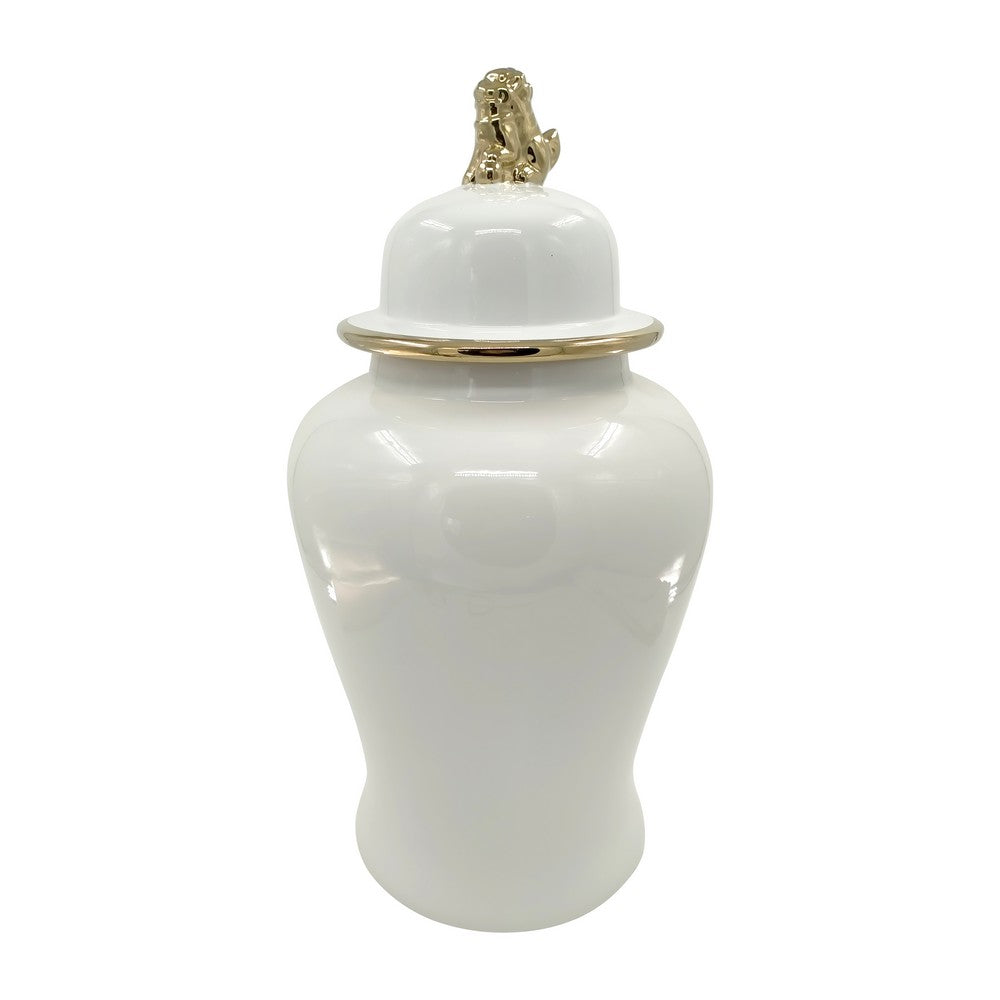 Classic Temple Jar | Gold Accent Lion Head Lid | 24" Glossy White Ceramic
