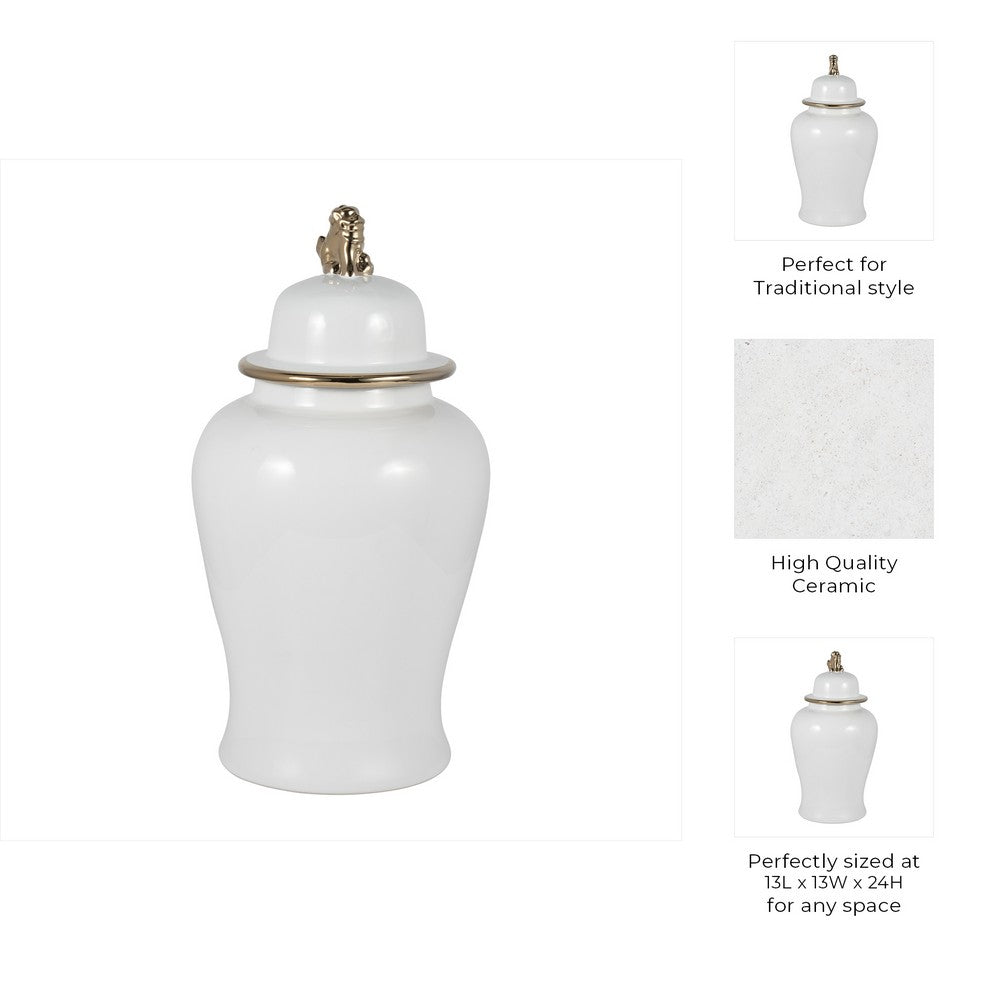 Classic Temple Jar | Gold Accent Lion Head Lid | 24" Glossy White Ceramic