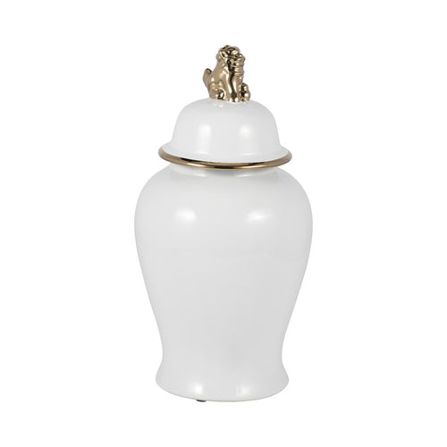 Traditional Temple Jar with Lion Head Lid | 18" | White & Gold Ceramic