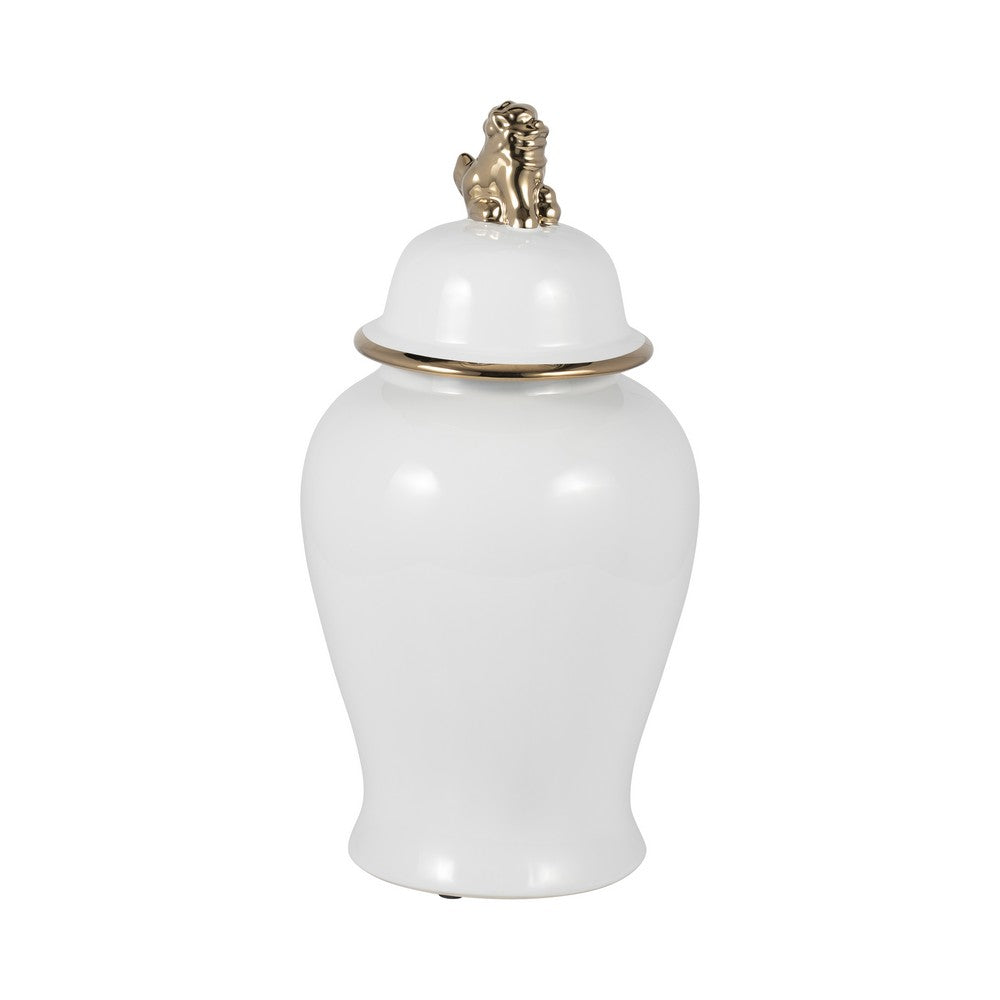 Traditional Temple Jar with Lion Head Lid | 18" | White & Gold Ceramic