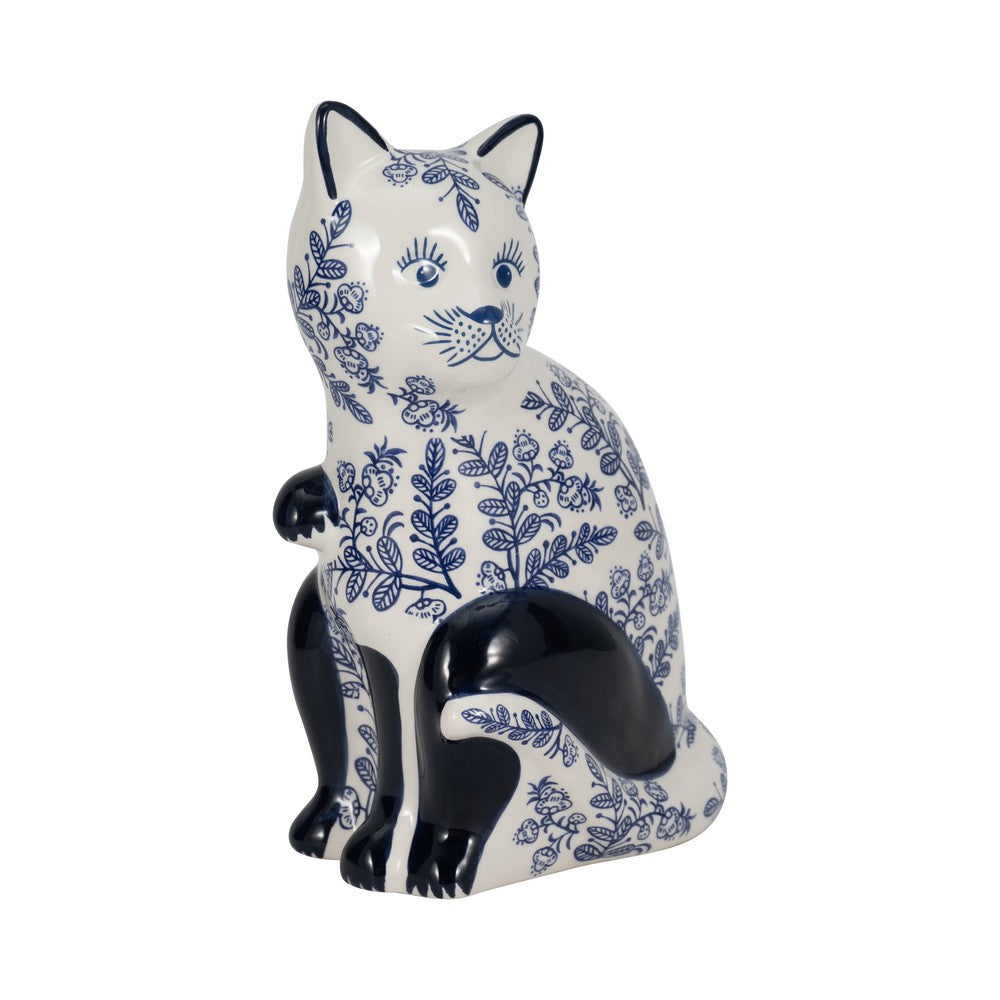 8" Traditional Sitting Cat Sculpturette | Blue White Chinoiserie Design