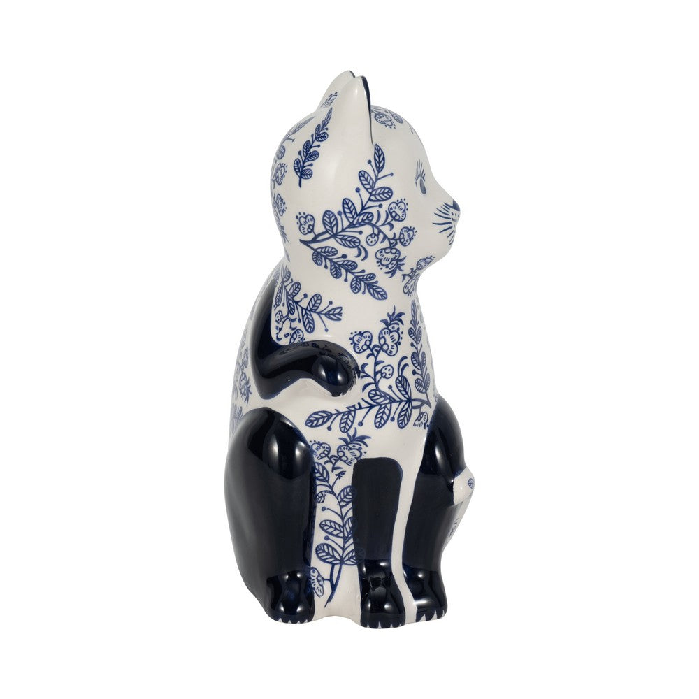 8" Traditional Sitting Cat Sculpturette | Blue White Chinoiserie Design