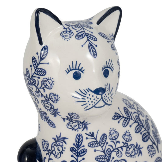 8" Traditional Sitting Cat Sculpturette | Blue White Chinoiserie Design