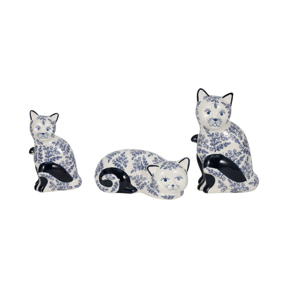 8’’ Traditional Sitting Cat Sculpturette | Blue White Chinoiserie Design SBH-18480-01