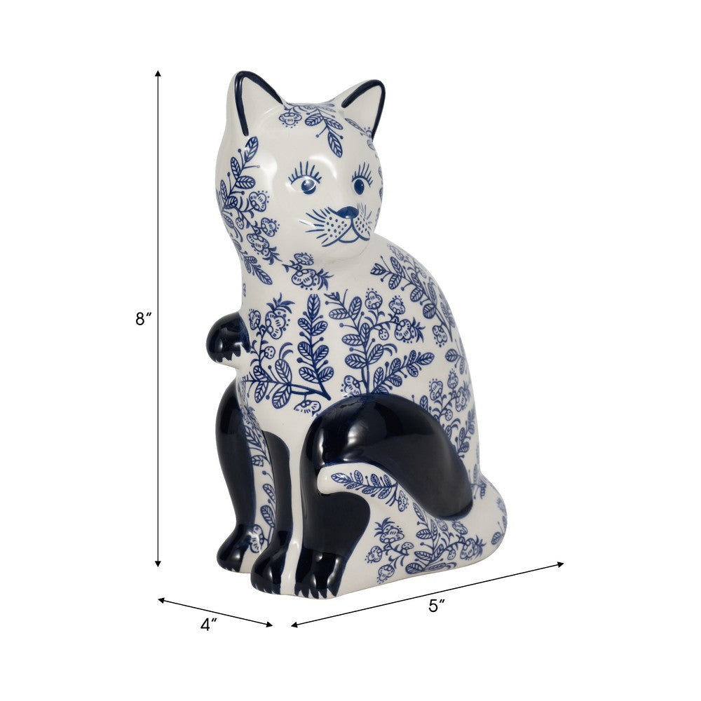 8’’ Traditional Sitting Cat Sculpturette | Blue White Chinoiserie Design SBH-18480-01