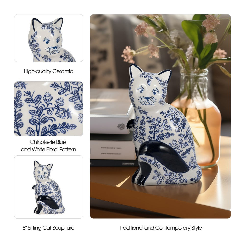 8" Traditional Sitting Cat Sculpturette | Blue White Chinoiserie Design