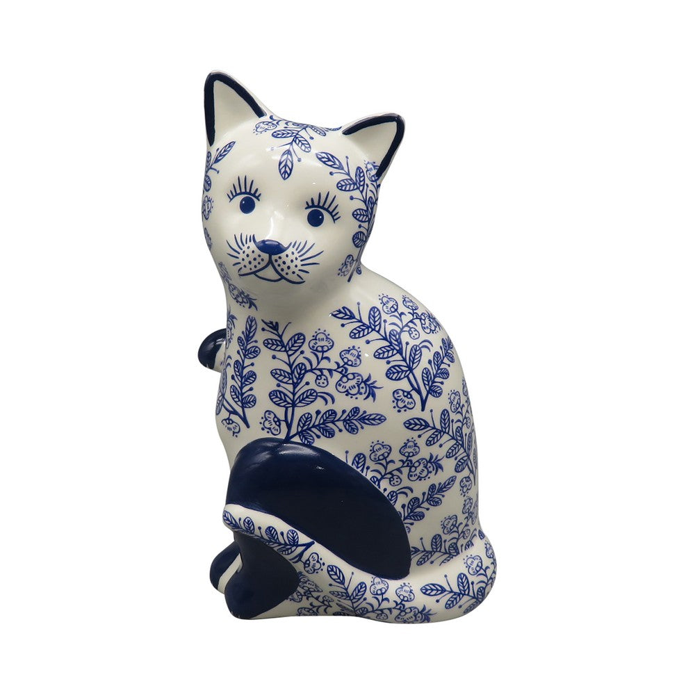 8" Traditional Sitting Cat Sculpturette | Blue White Chinoiserie Design