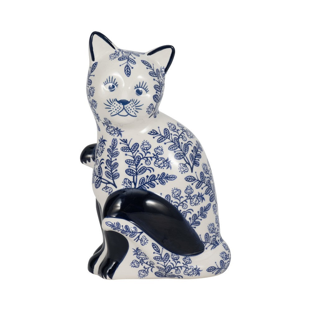 8’’ Traditional Sitting Cat Sculpturette | Blue White Chinoiserie Design SBH-18480-01