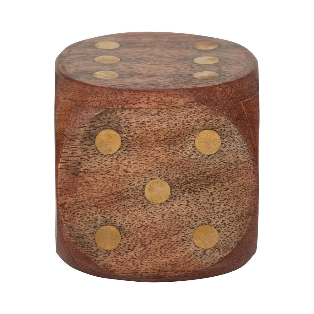 Decorative Large Wooden Dice Die | 4x4" | Antique Brown Wood | Metal Inlay