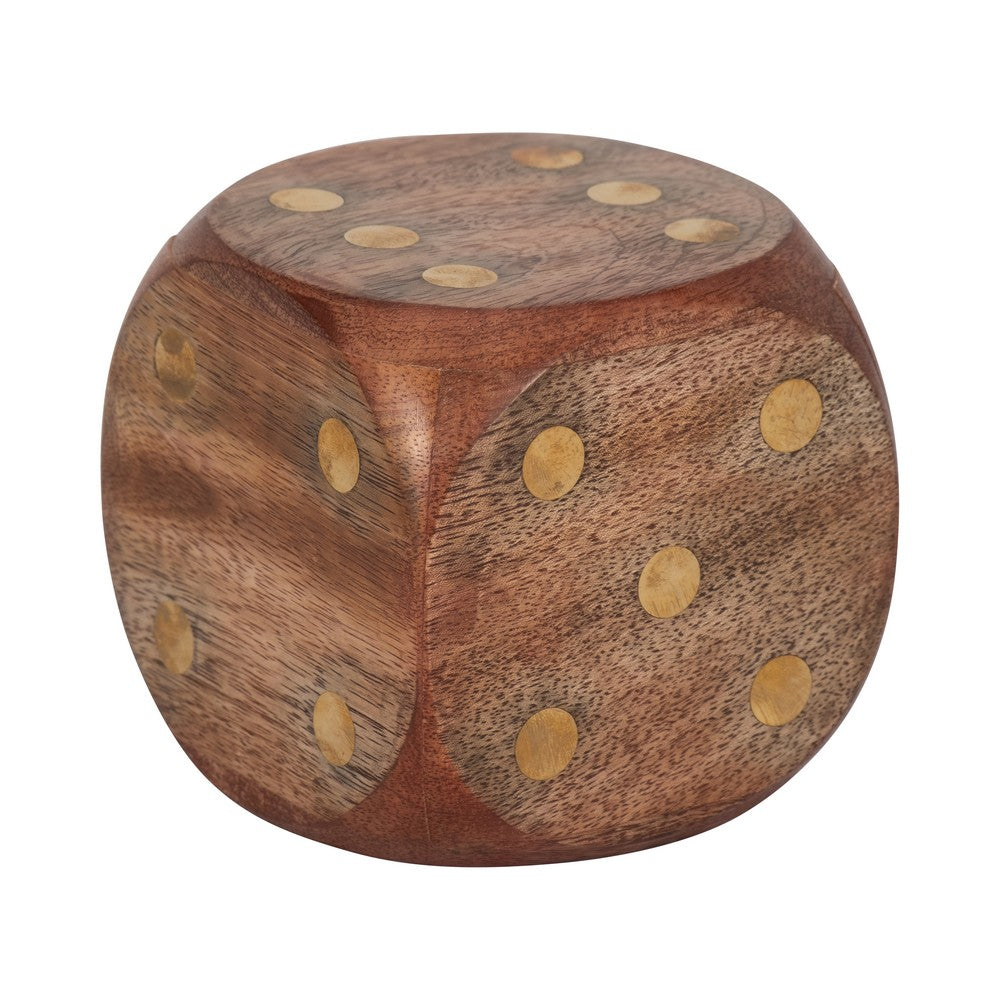 Decorative Large Wooden Dice Die | 4x4" | Antique Brown Wood | Metal Inlay