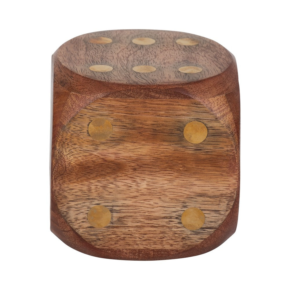 Decorative Large Wooden Dice Die | 4x4" | Antique Brown Wood | Metal Inlay